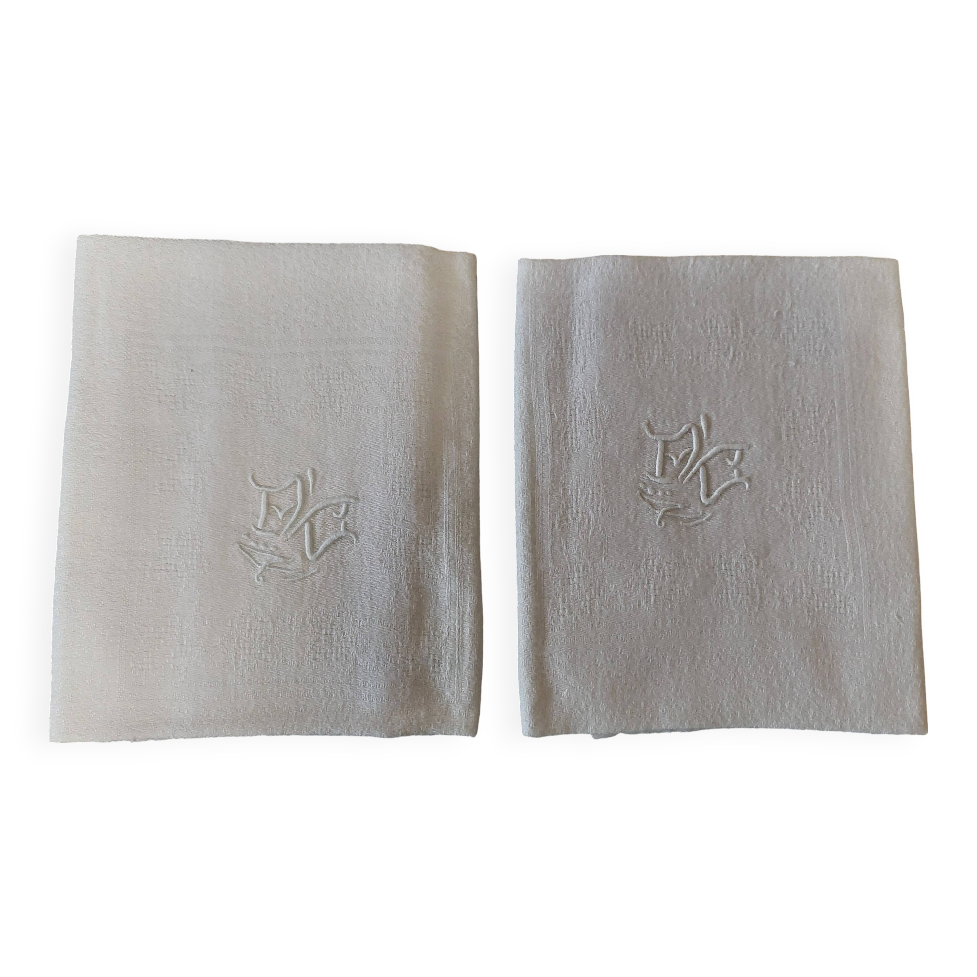 Pair of antique cotton damask napkins with AC monogram