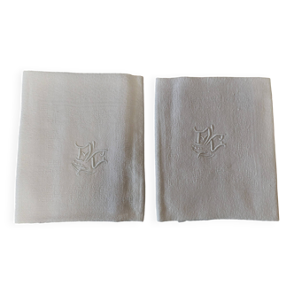 Paire de serviettes de table ancienne coton damassé monogramme AC