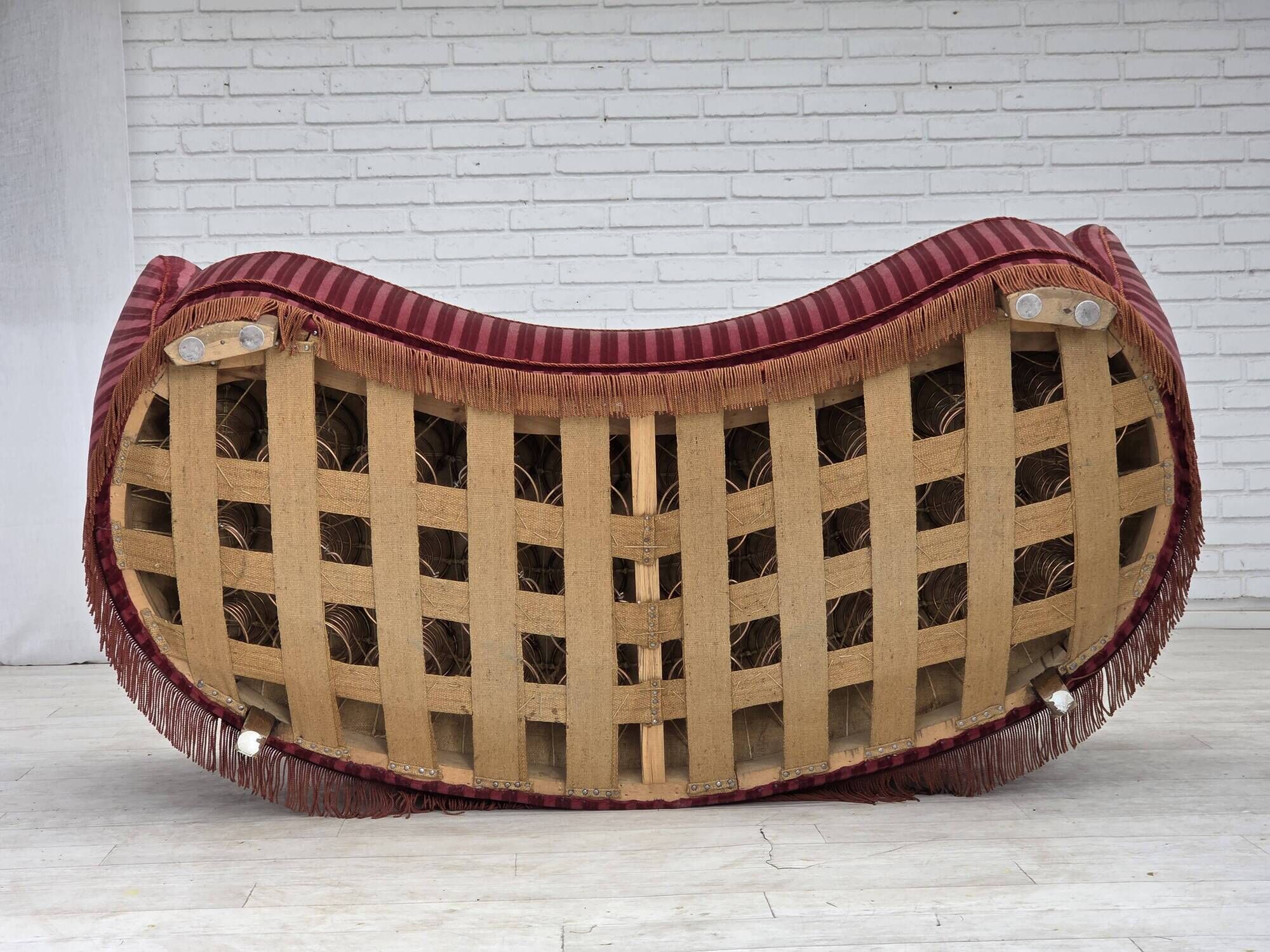1960s, Danish 2-seater "Banan" sofa, furniture velour, oak wood.