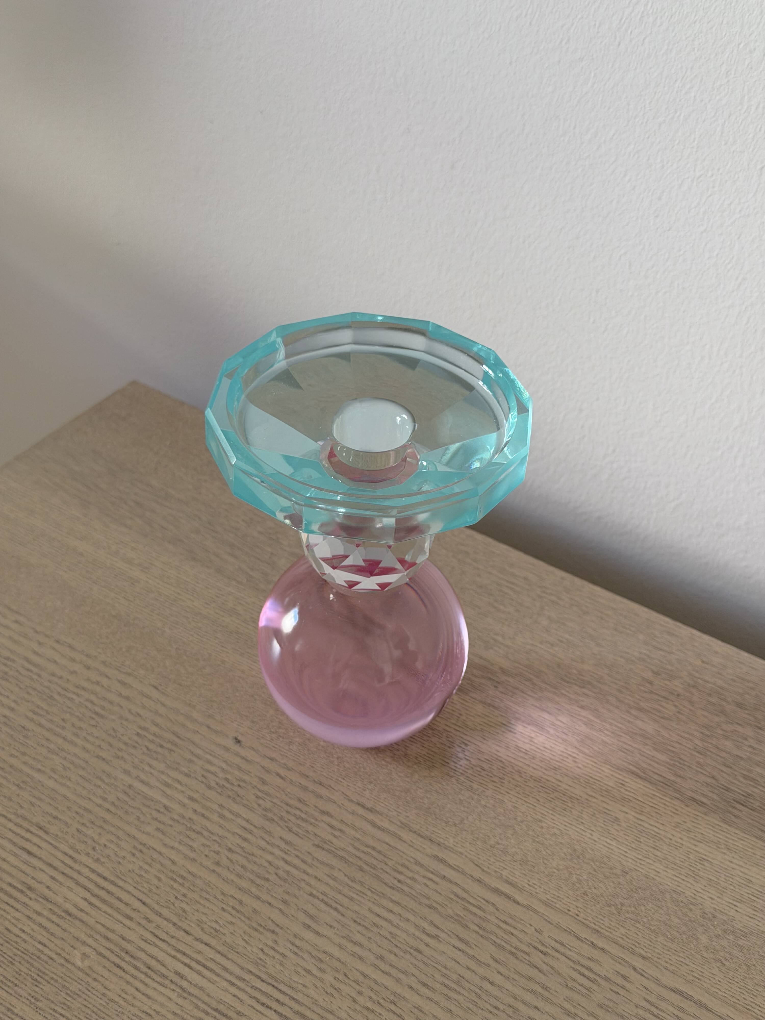 Sculptural candle holder in frosted pink and blue glass