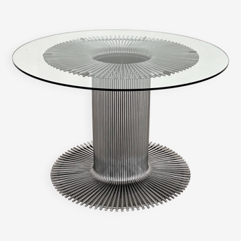 Table de salle à manger italienne à piédestal en chrome et verre