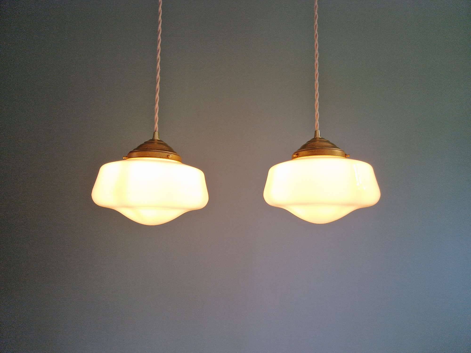 Pair of Art Deco conical white opaline pendant lights, 1920-30