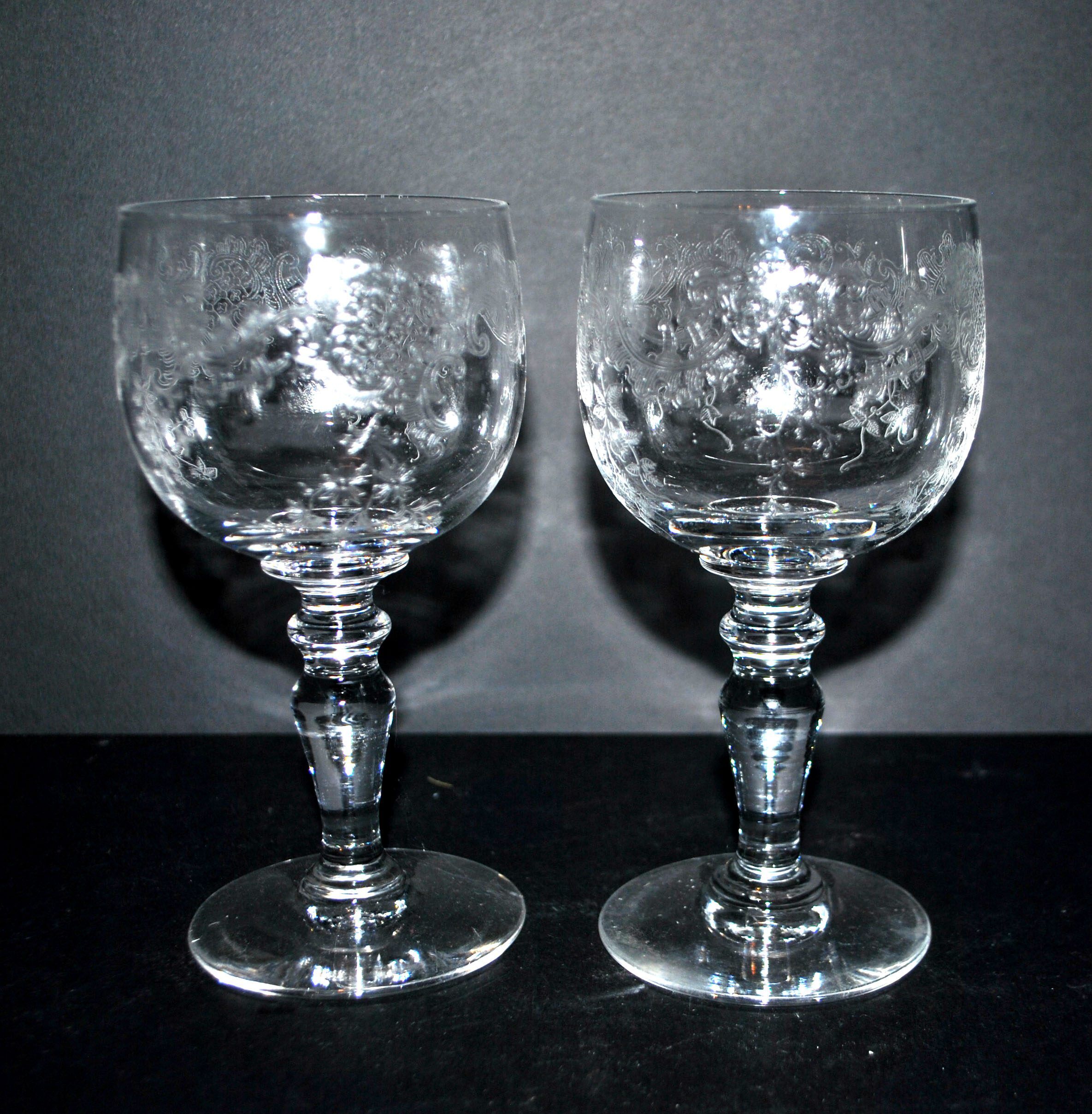 Saint-Louis set of 2 Rocaille acid-etched crystal balloon wine glasses H14.3