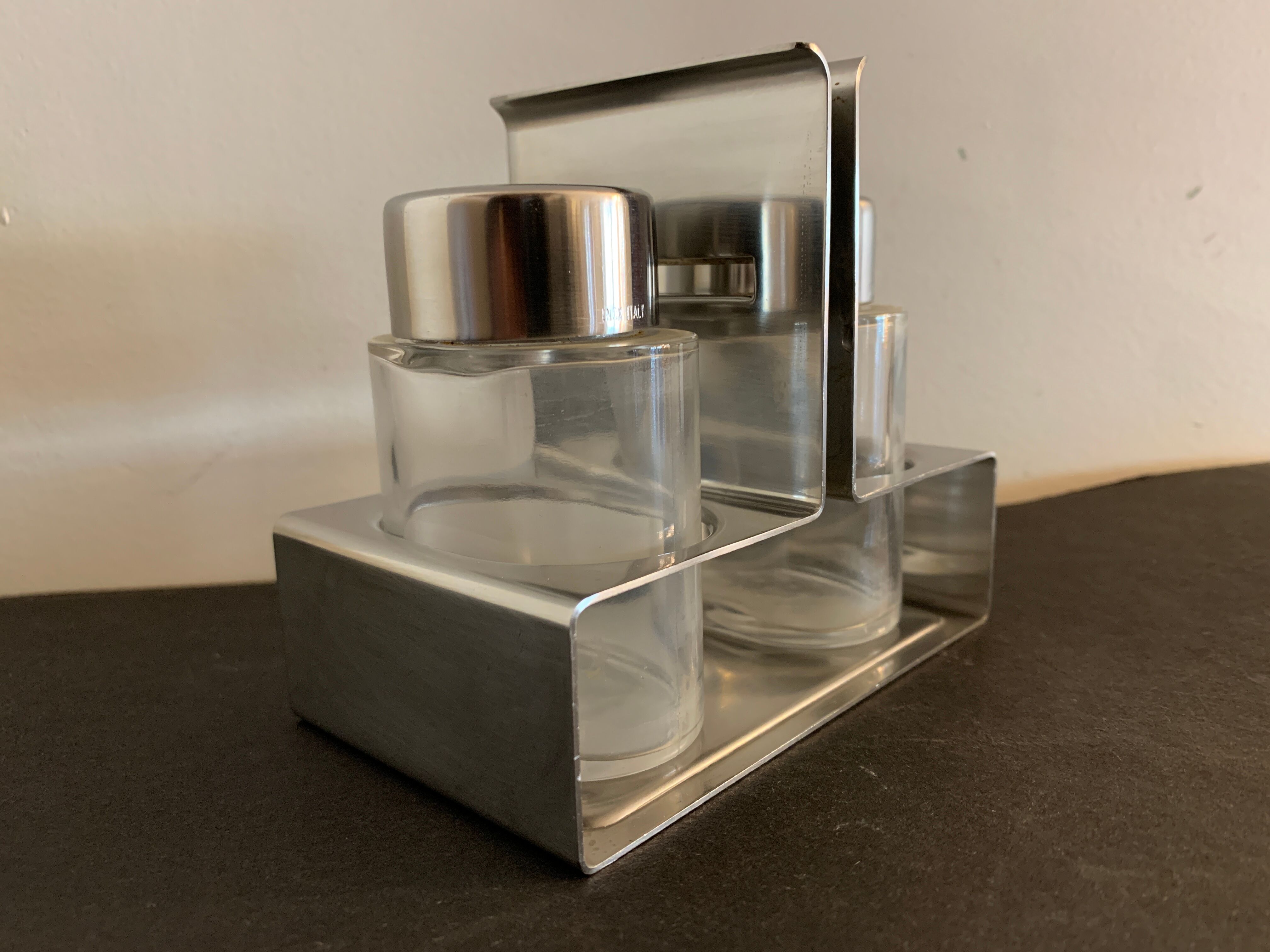 Italian salt and pepper shaker in stainless steel and Alessi glass, 1980