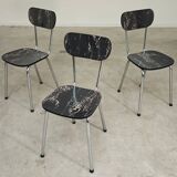 Set of 3 black marbled formica chairs from the 60s