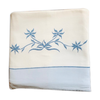 Hand embroidered sheet blue flowers and stripe 260X197