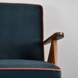 Chaise compas restaurée, tissu jaune canari, fil orange, teck, 1960