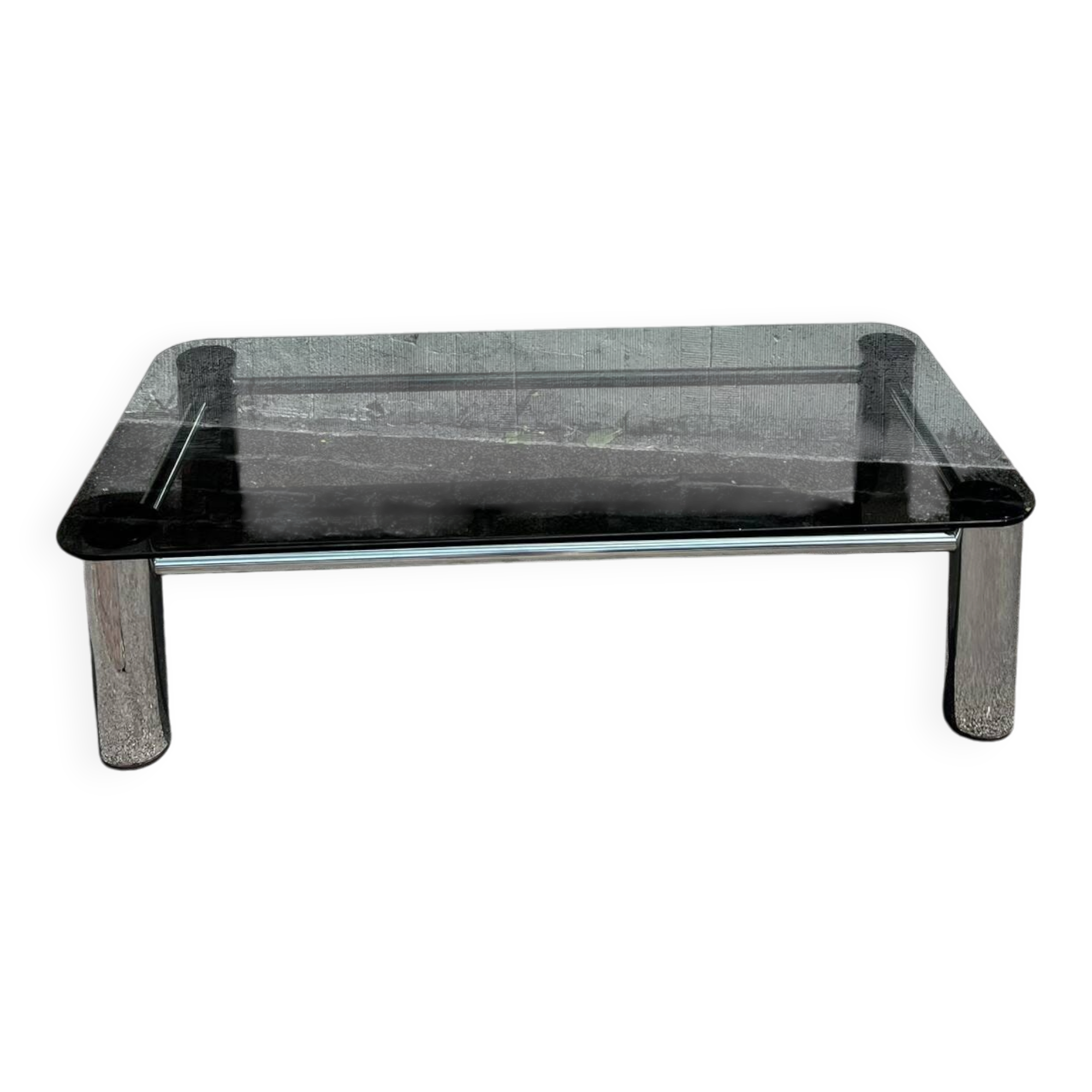 Vintage coffee table with smoked glass and chrome.