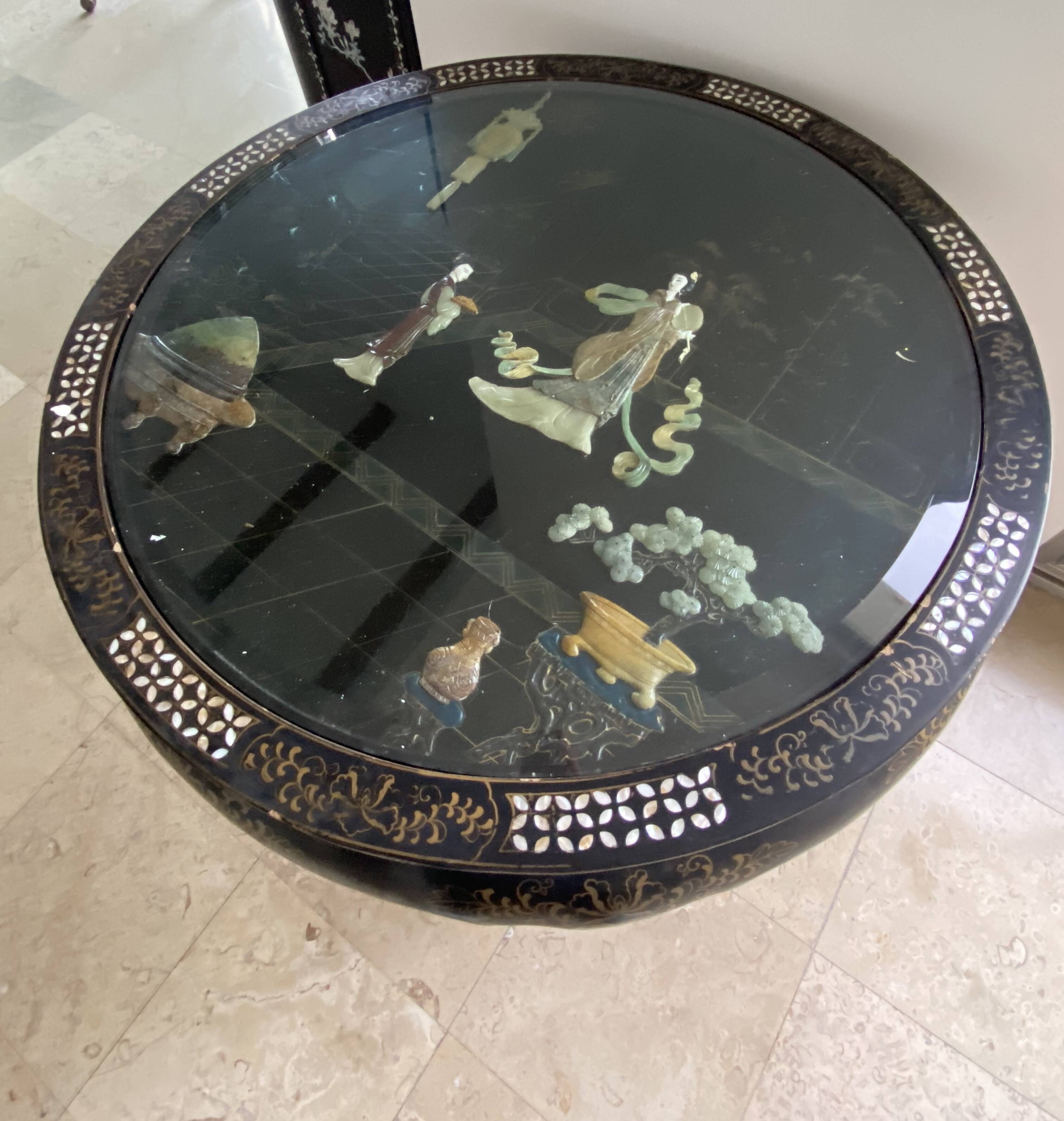 Chinese decorative table – black lacquer, jade and mother-of-pearl inlays