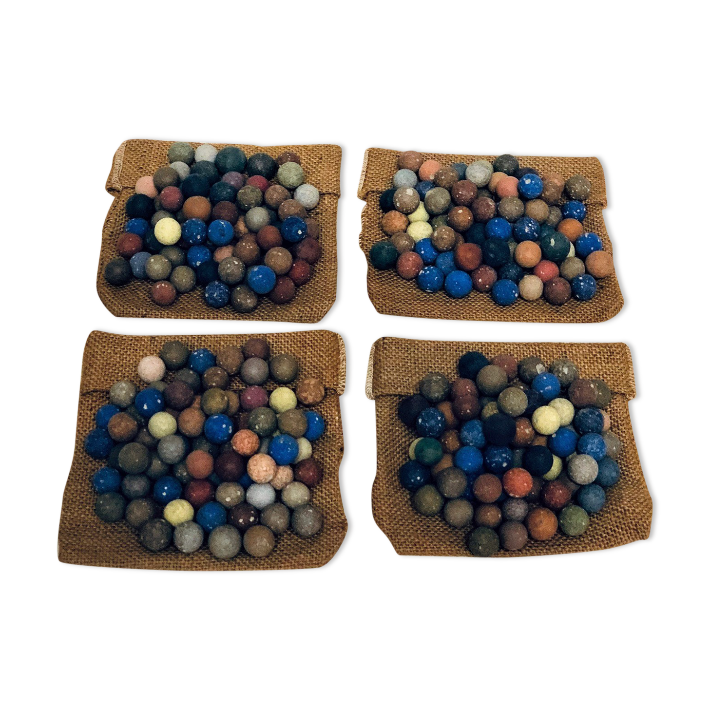 70 clay marbles and burlap bag