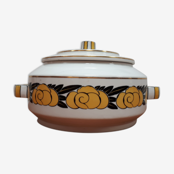 Légumier soupière porcelaine art déco 1930 jaune et or