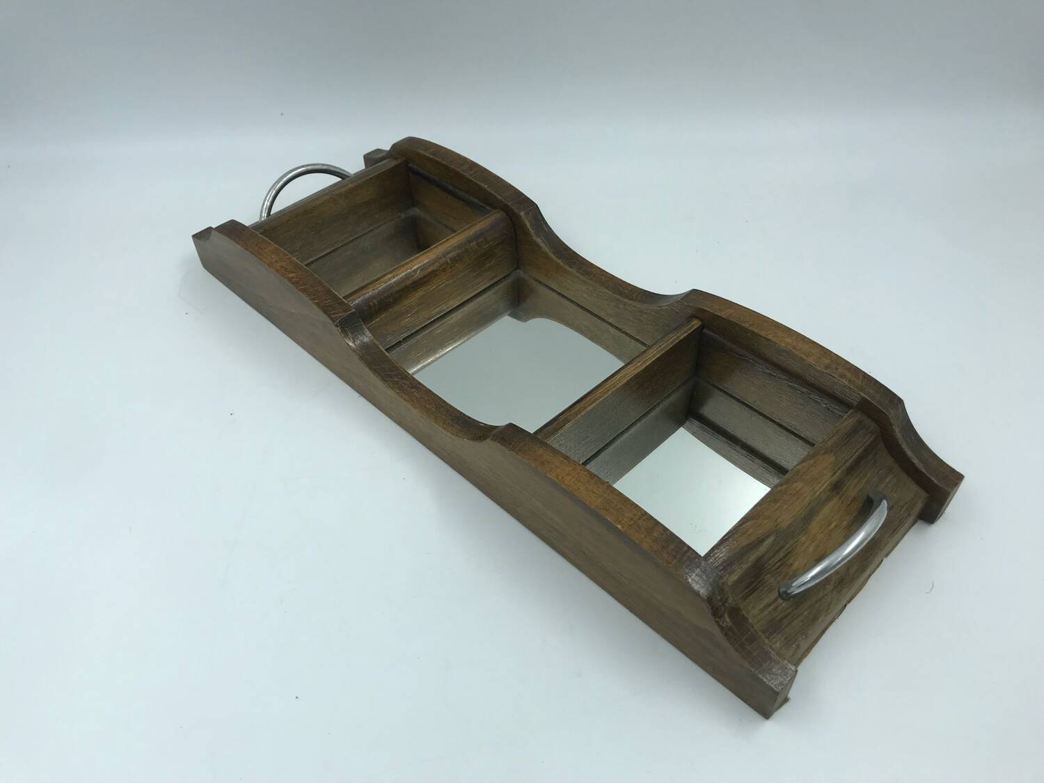 Vintage antique wooden and mirror compartment tray