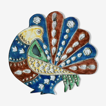 Wall plate "peacock making the wheel" Vallauris Dominique Perot