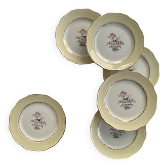6 antique cream-colored earthenware dinner plates with gold trim and flowers