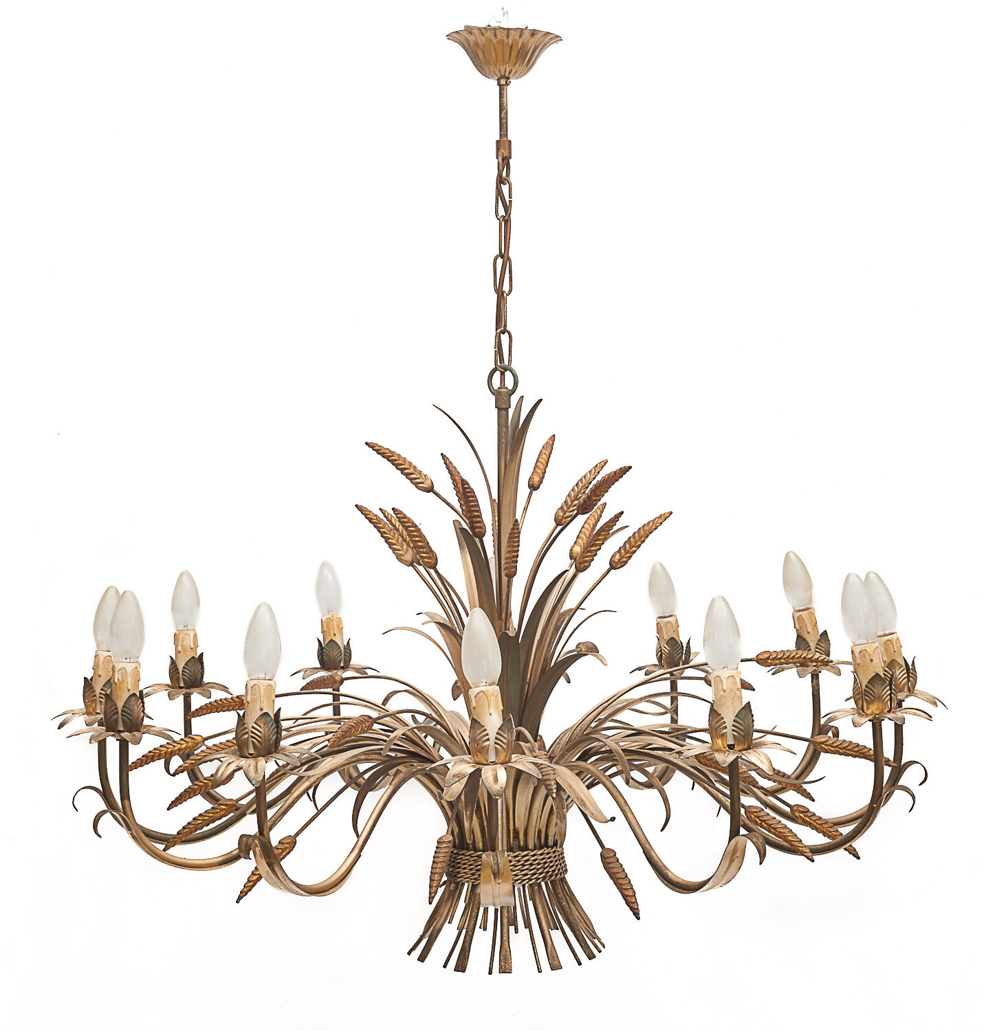 Pair of 12-burner wheat sheaf chandeliers by Hans Kogl