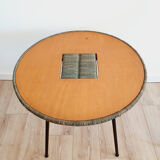 Pair of armchairs and vintage coffee table straw, wood and metal