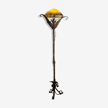 Lampadaire fer forgé or avec dome en pate de verre de Vianne 1930 art deco