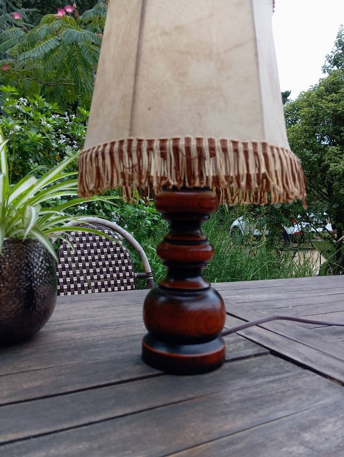 Rustic turned wood table lamp with vintage leather shade