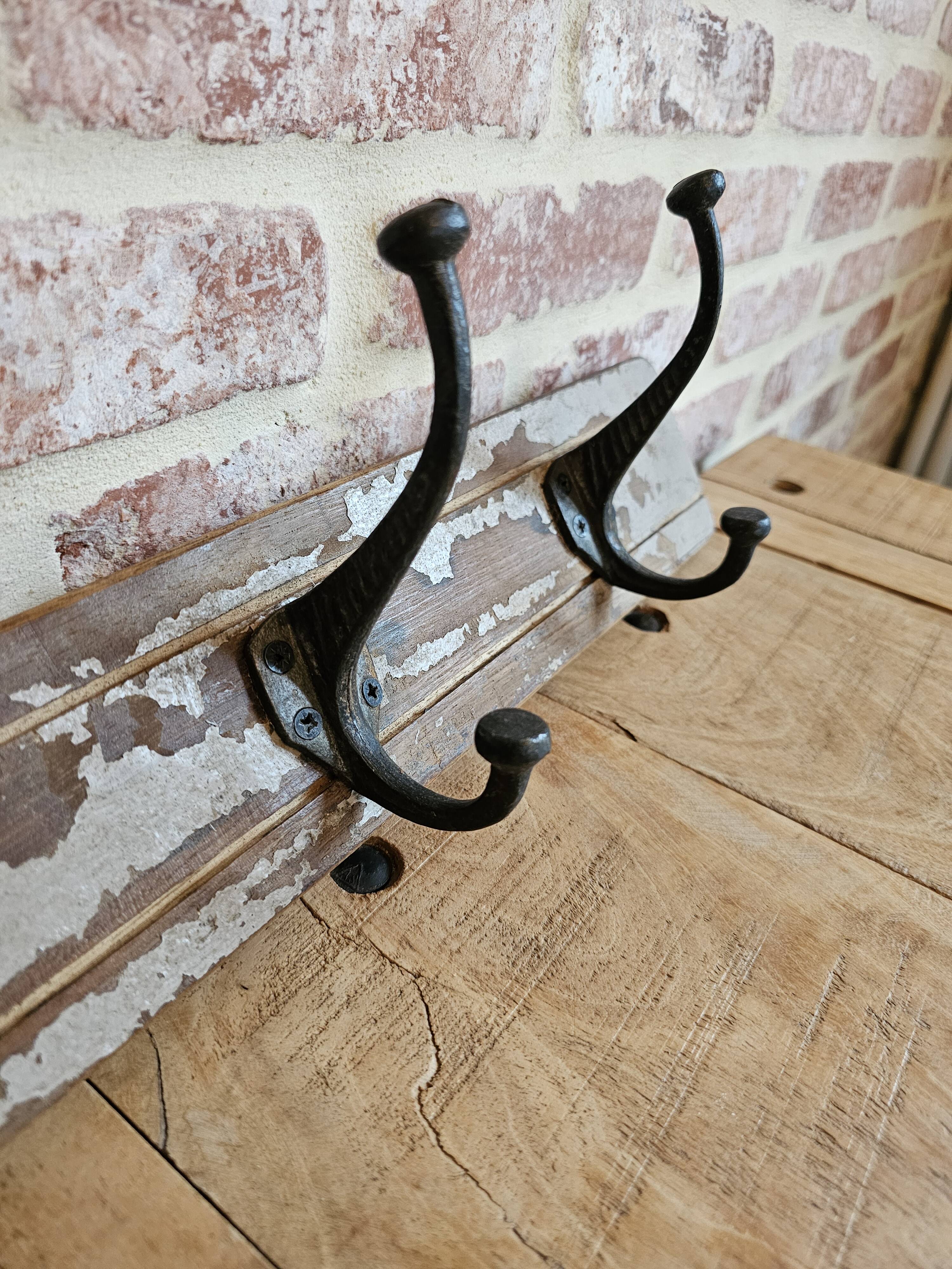 Solid teak coat hook with 4 double cast iron hooks