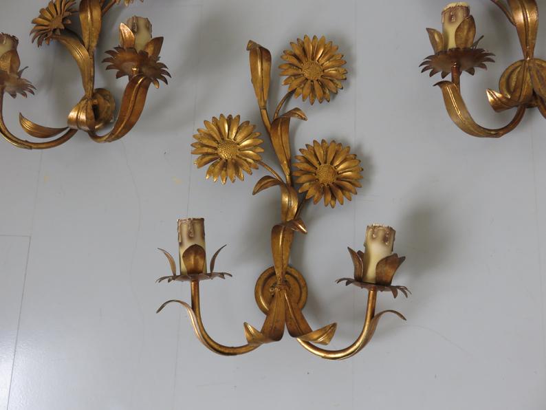 Series of 3 flower appliques "sunflowers" in 70s gold metal