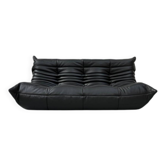 Togo 3-seater in Black Leather designed by M. Ducaroy for Ligne Roset