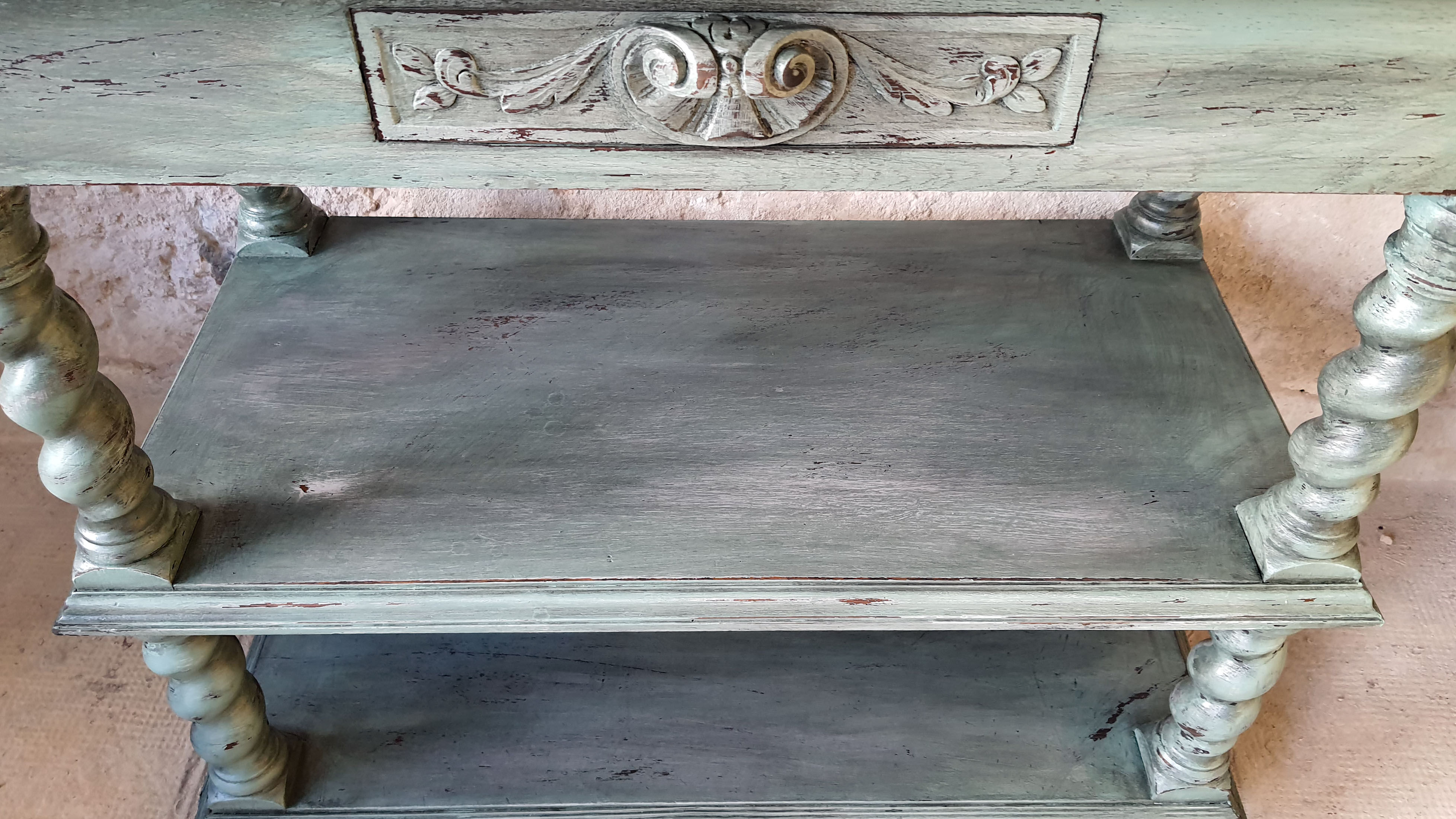 Console Louis XIV shabby chic - sage green patina