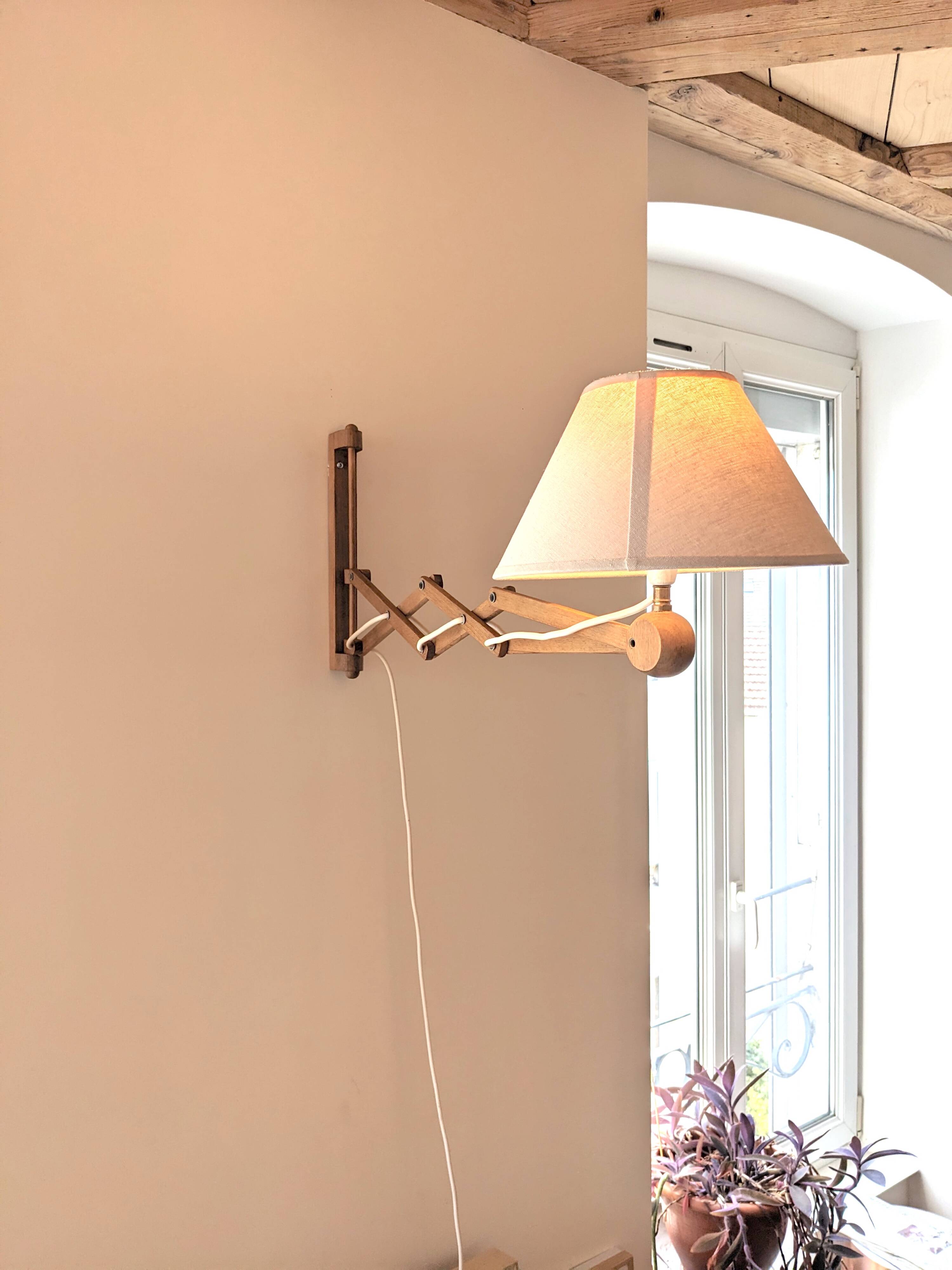 Scissor lamp or vintage wooden scissor wall light with fabric lampshade