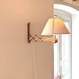 Scissor lamp or vintage wooden scissor wall light with fabric lampshade