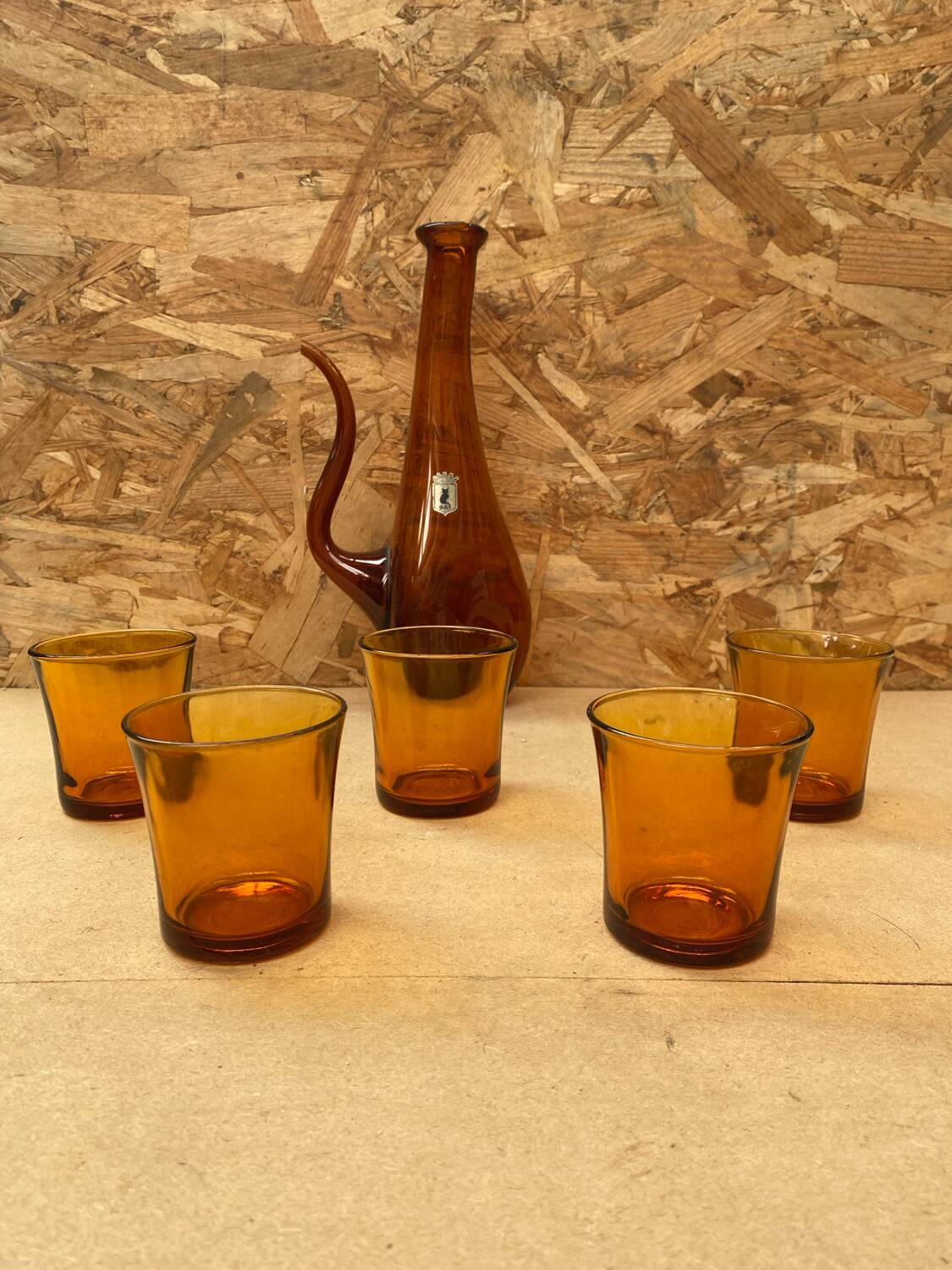 Old gat carafe service + 5 glasses molded orange glass 1970 vintage