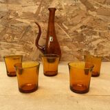 Old gat carafe service + 5 glasses molded orange glass 1970 vintage
