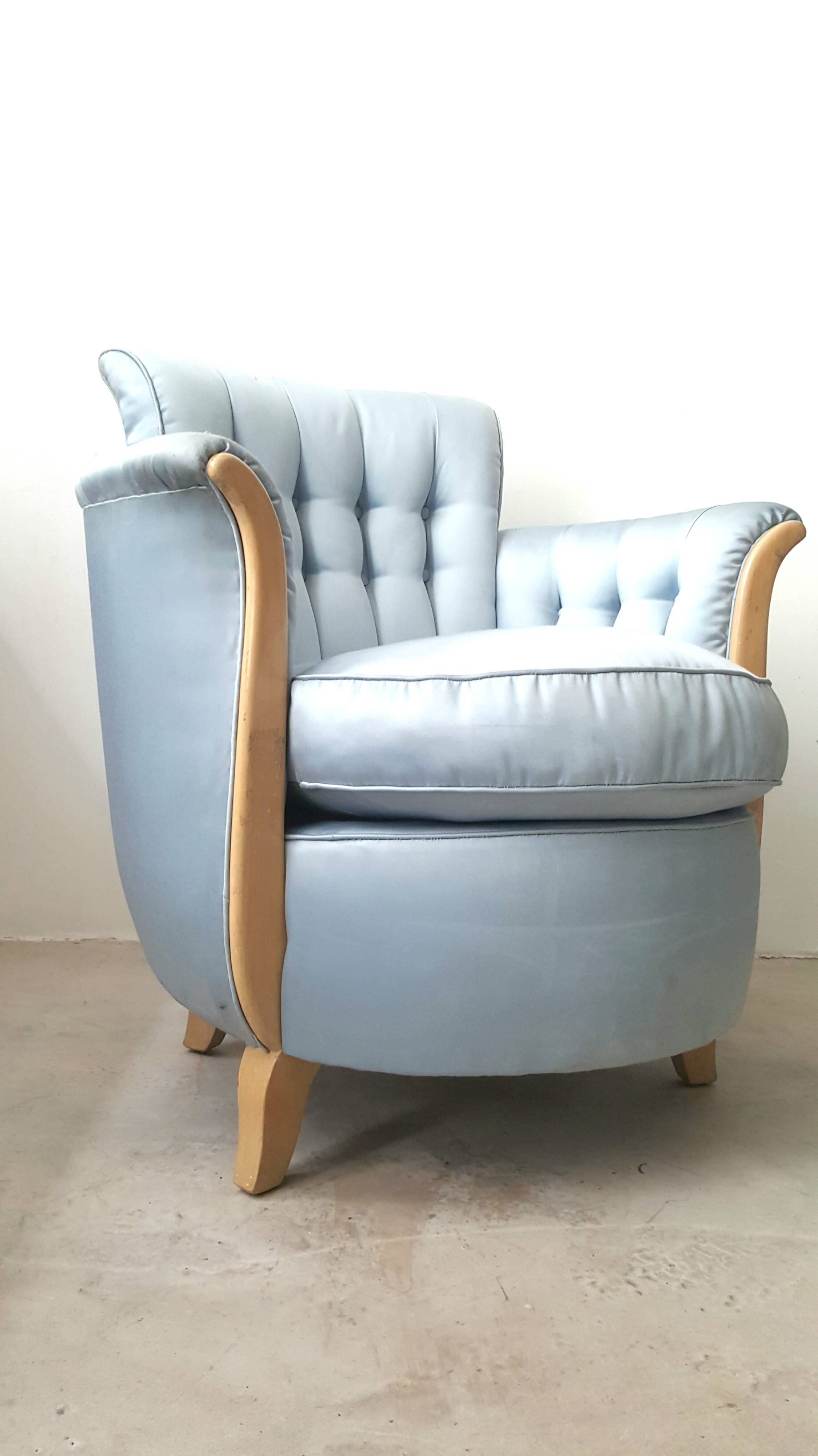 Cocktail chair bas corbeille in sycamore blond and blue silk - art deco 1930