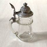 Bohemian crystal beer mug with chiseled pewter lid