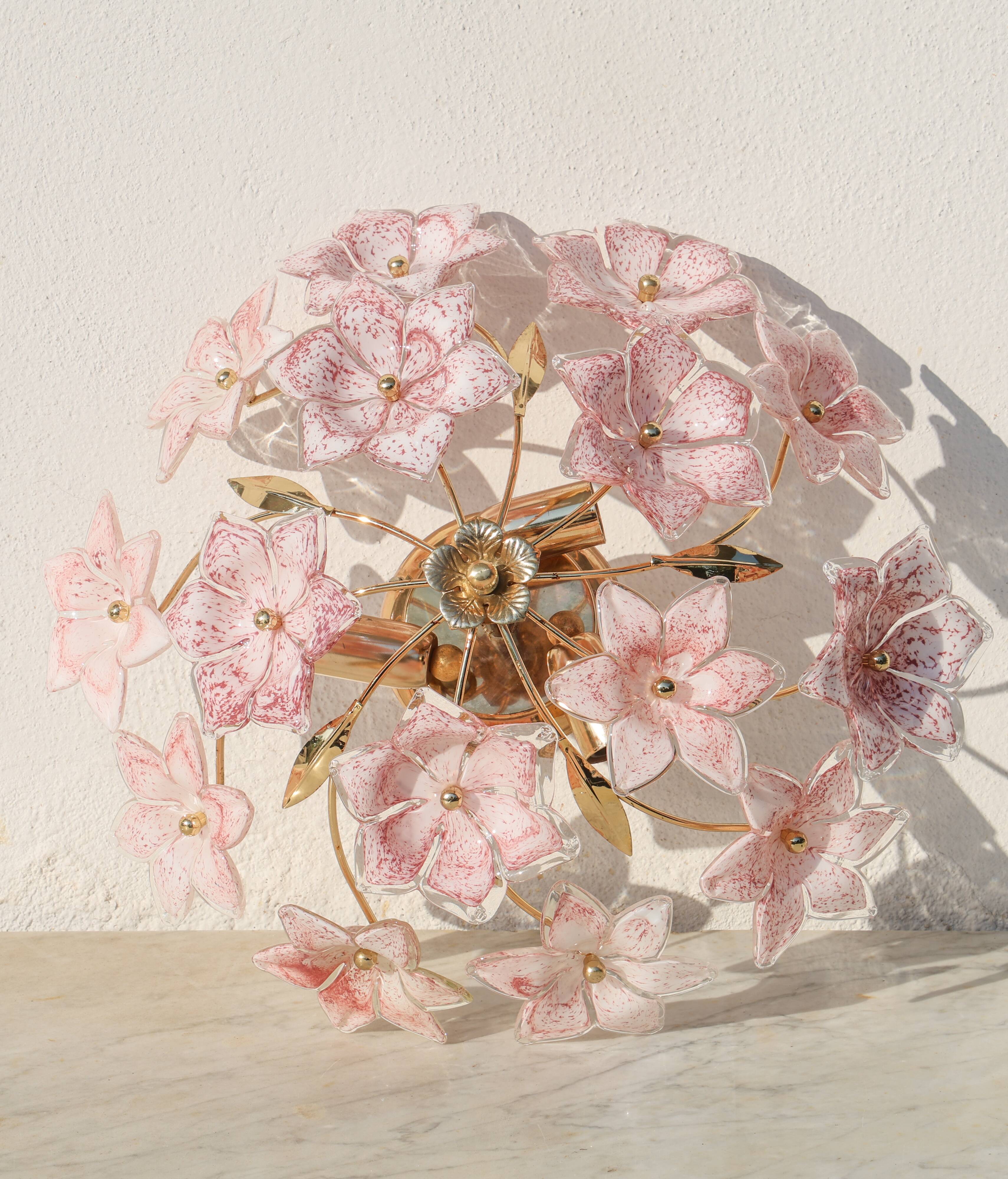 Lustre vintage Murano fleurs roses, années 1970