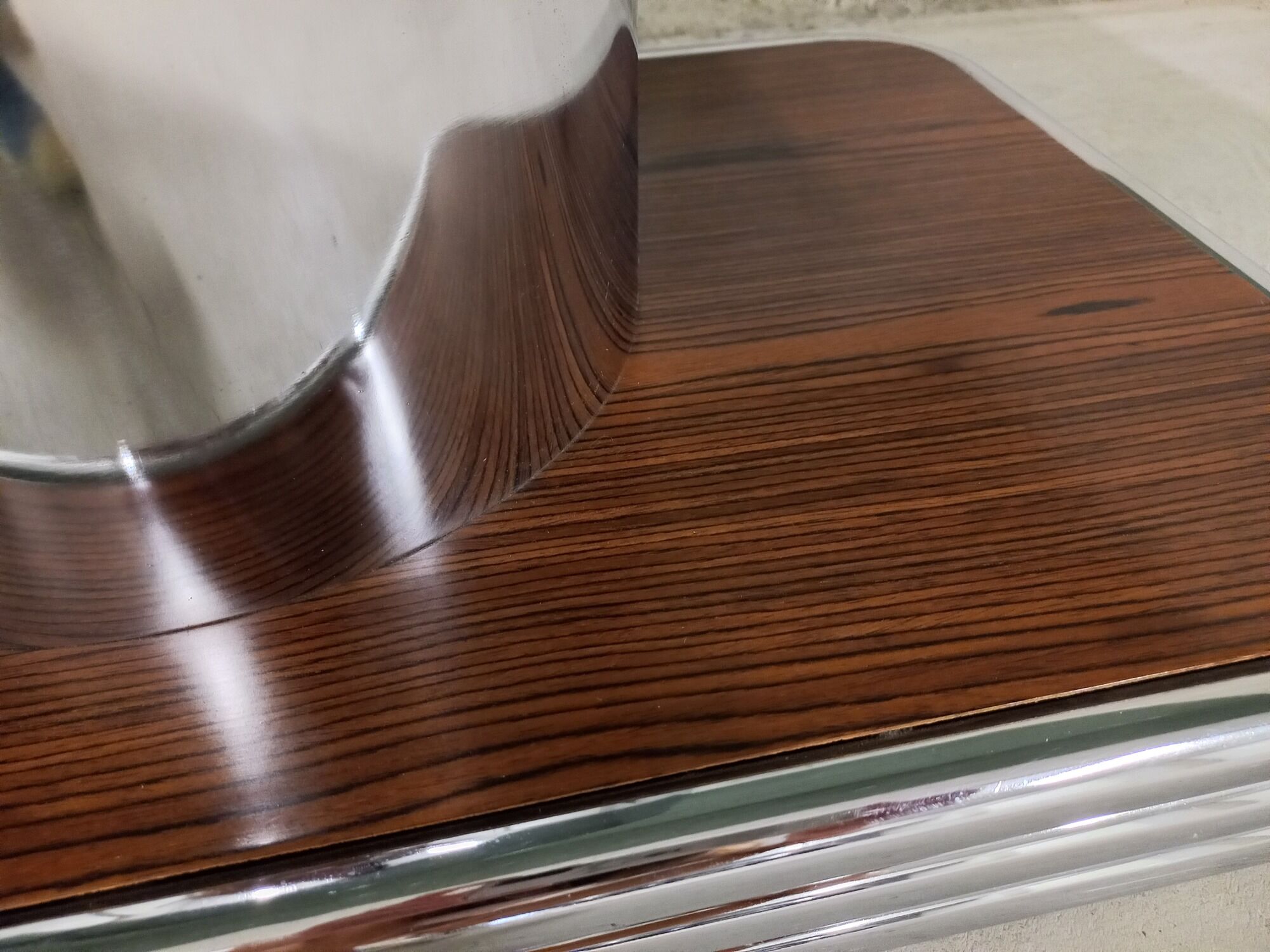 Vintage coffee table in smoked glass, chrome metal and wood décor 60s 70s