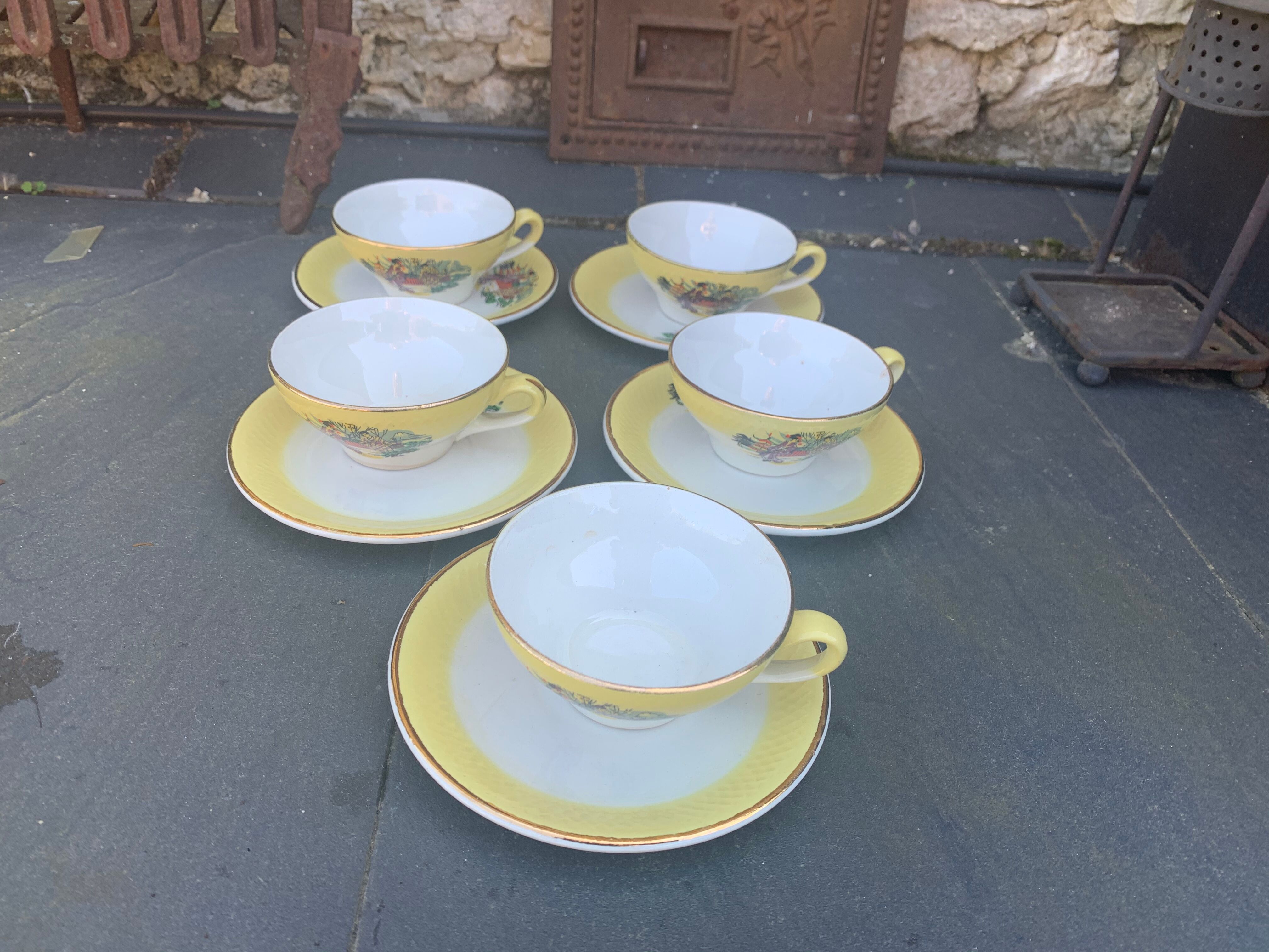 Coffee service or tea in vintage yellow and white porcelain
