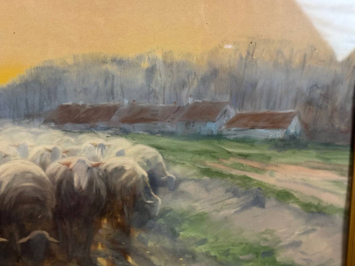 “Shepherd and his flock”, watercolor on paper, signed Maurice Hagemans