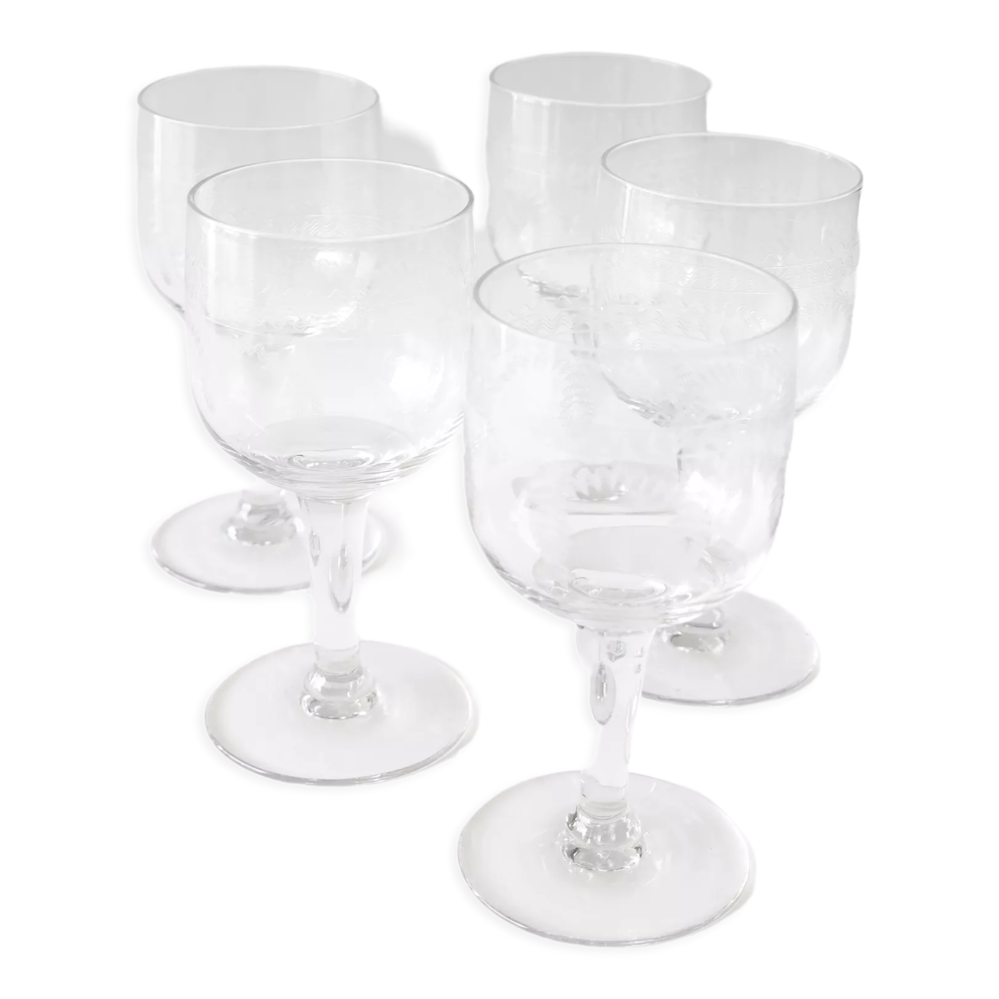 5 antique engraved wine glasses