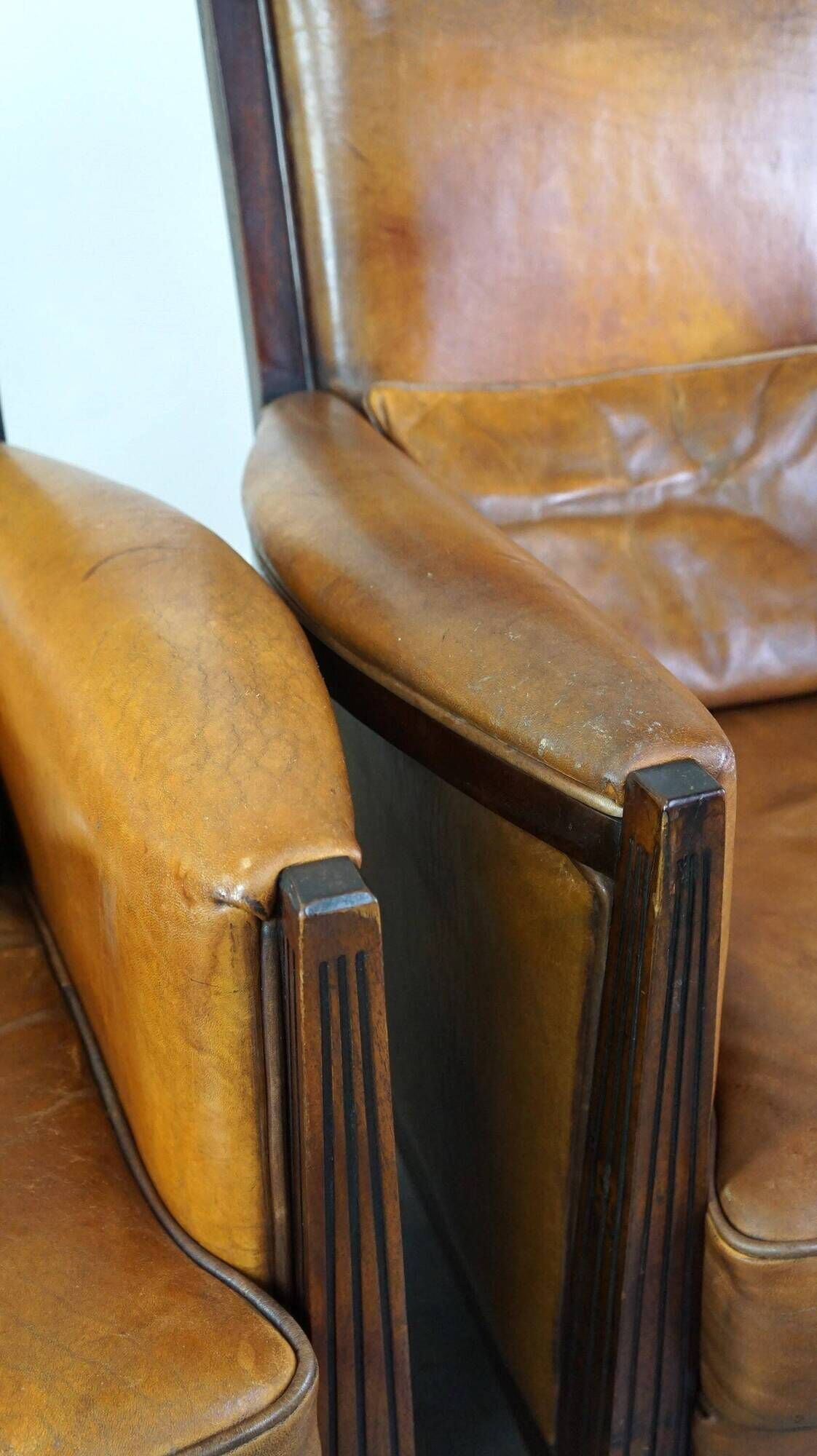 Vintage Art Deco Sheepskin High Back Armchair Set with Wood Finish