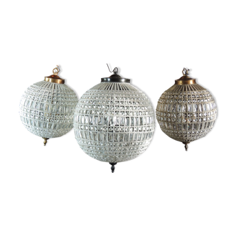 Set of three spherical pendant lights with crystal tassels and seed beads/vintage