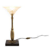 Lampe de table Art Nouveau en laiton et marbre, abat-jour en verre, années 1920