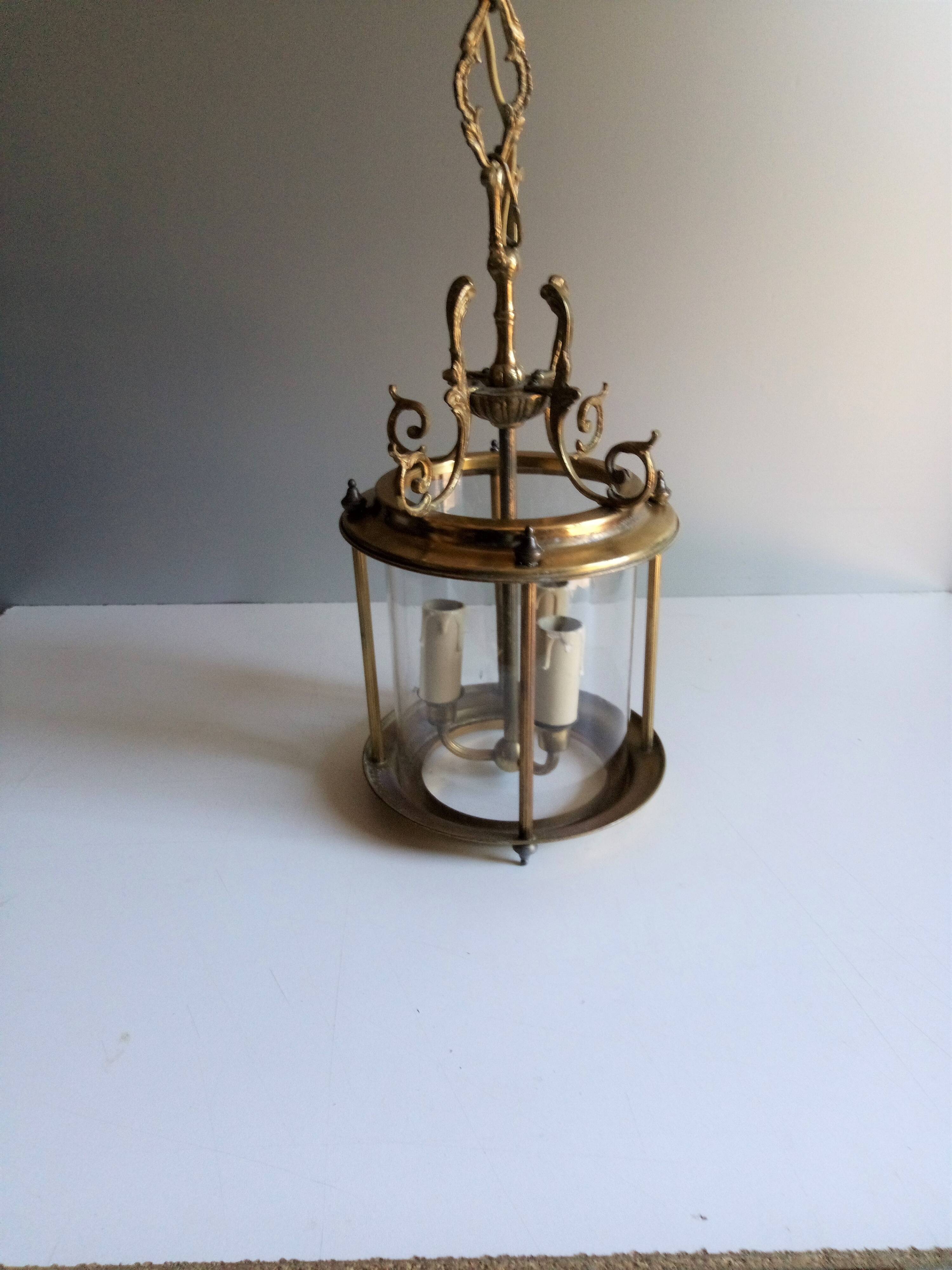 Antique entrance hall lantern - 3 lights - brass & convex glass
