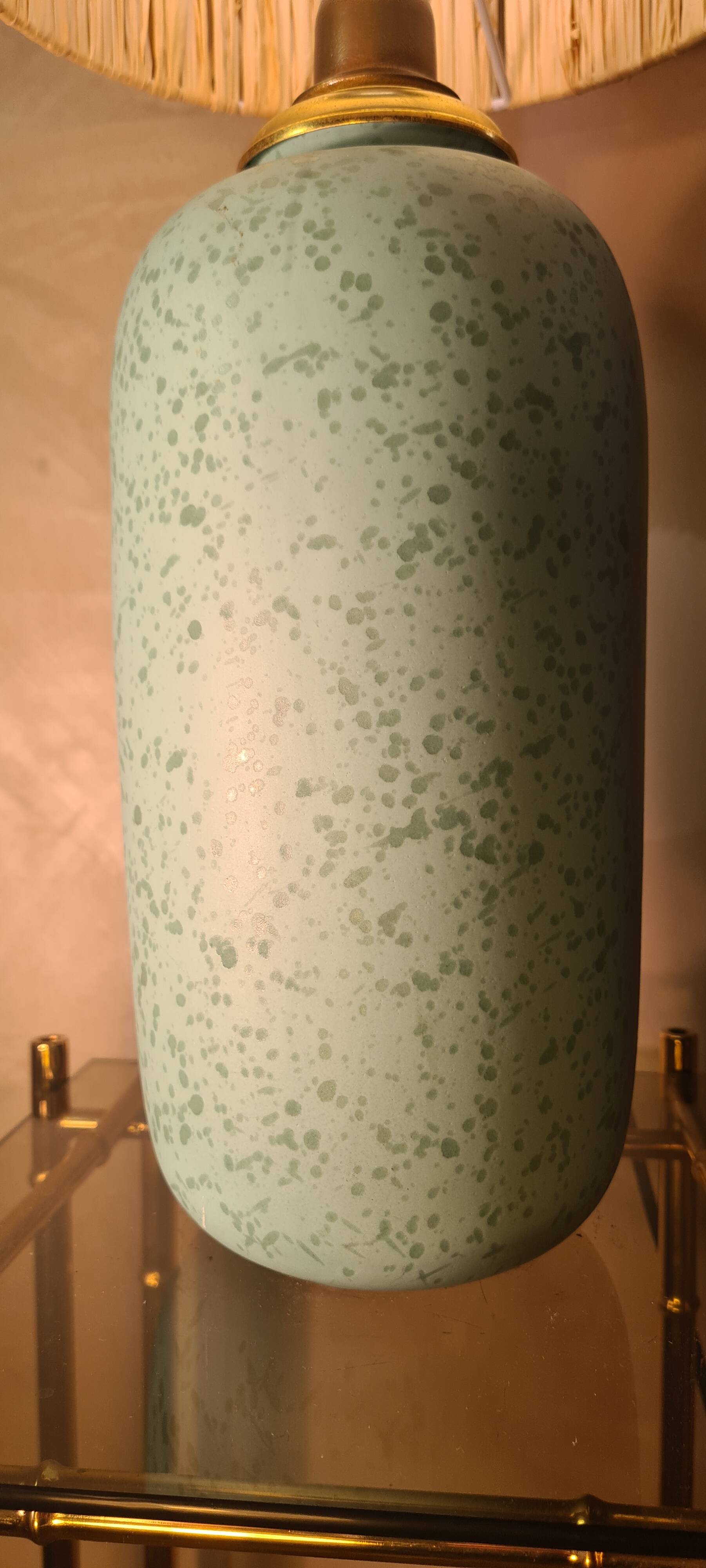 70s style lamp blue green ceramic 40x13 and raffia lampshade H total 57x23 elec ok