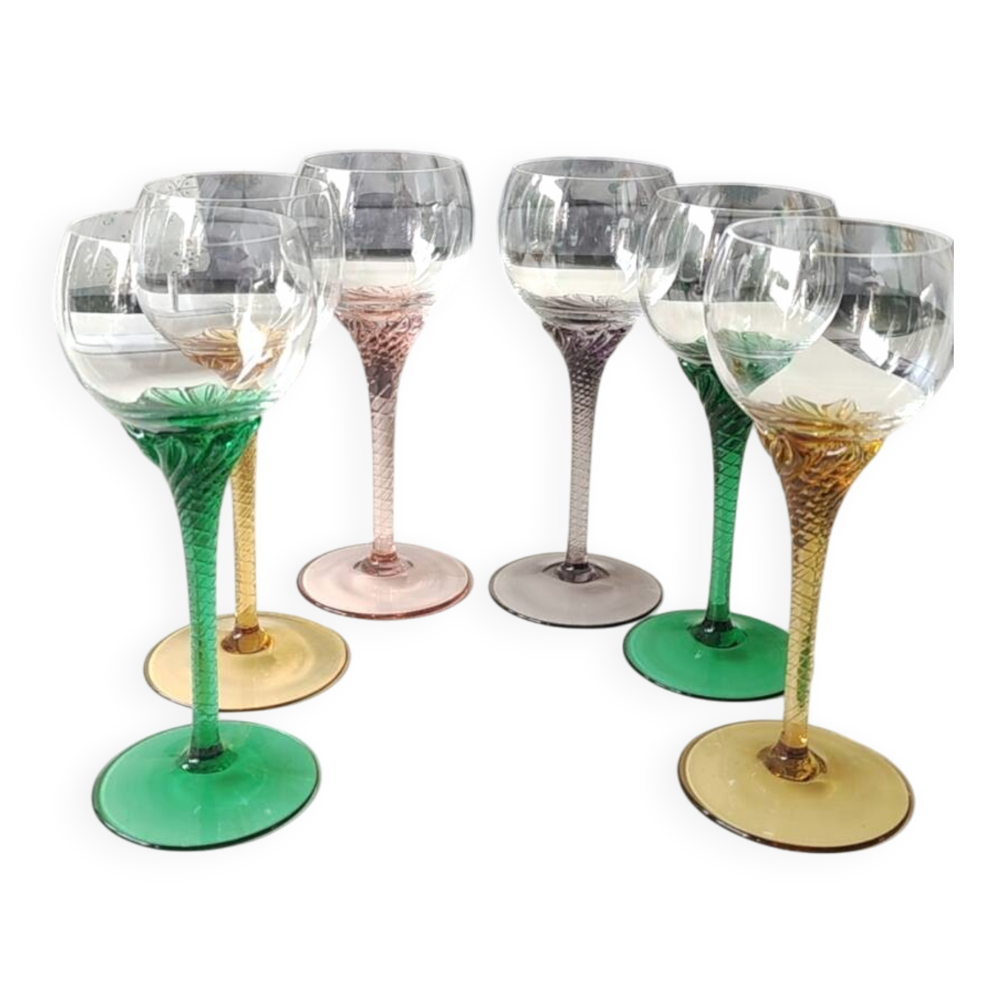Set of 6 round stemmed glasses. Bohemian crystal. Floral twisted stem.