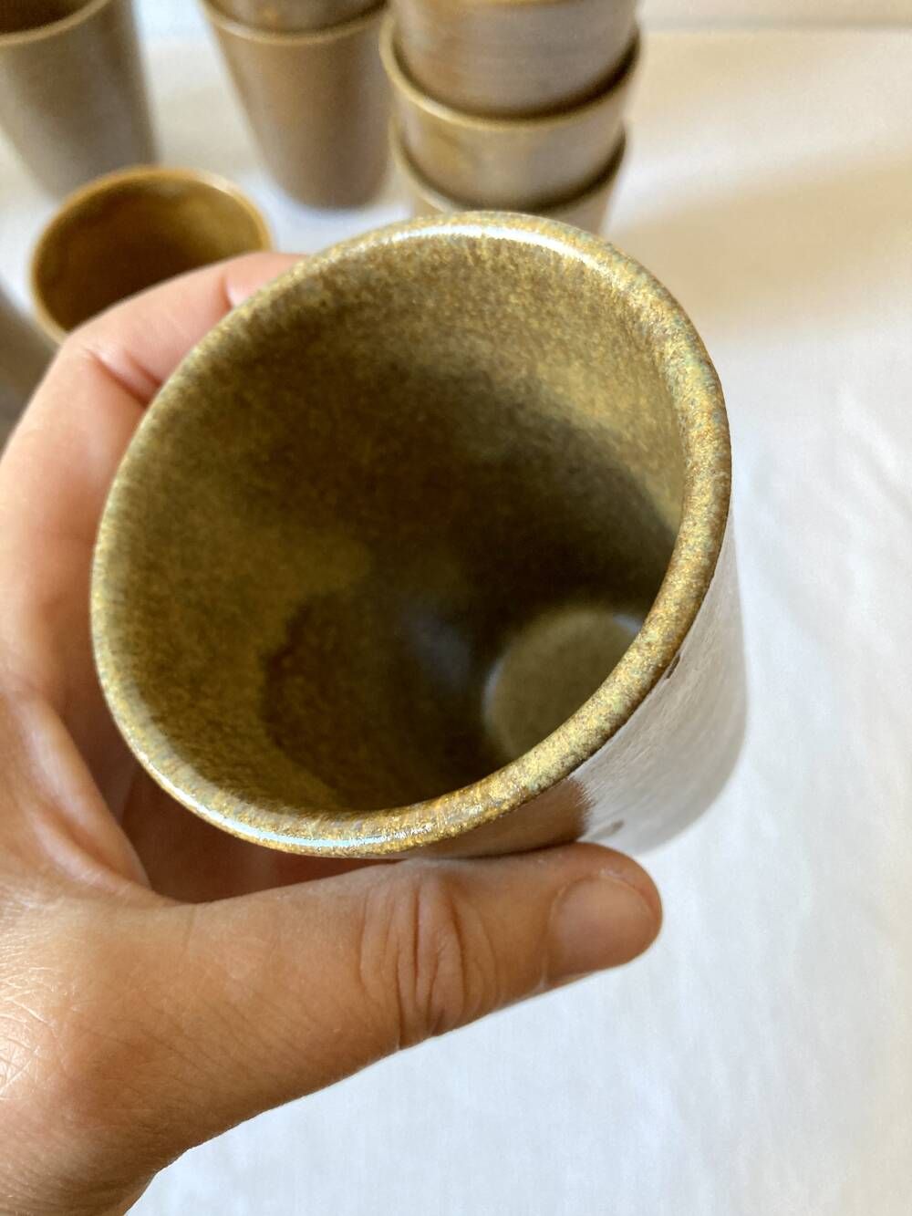Set of 12 glazed stoneware cups, Digoin Stoneware Pots