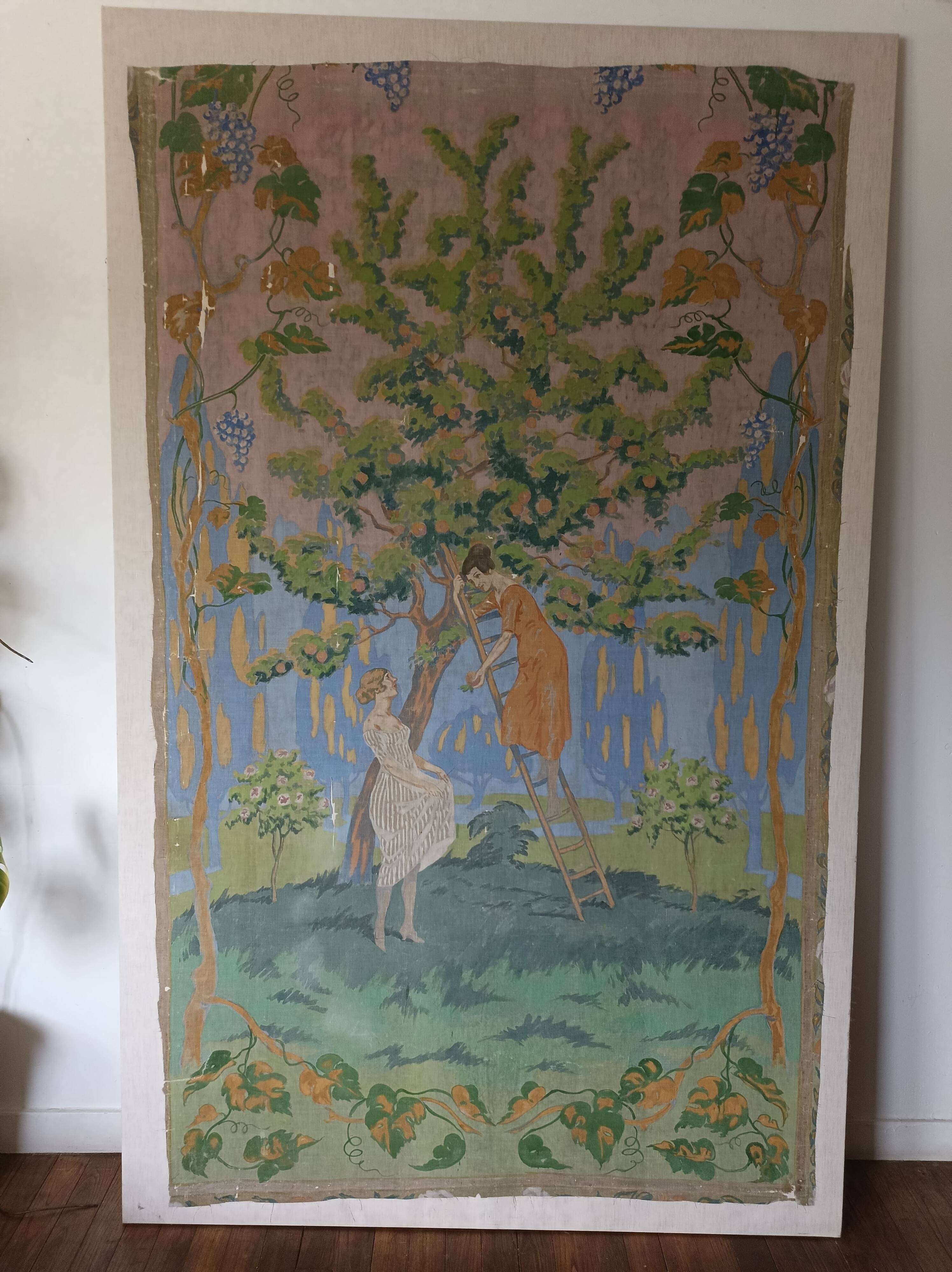 Large painting on canvas from the 20th century mounted on a frame - rural scene.