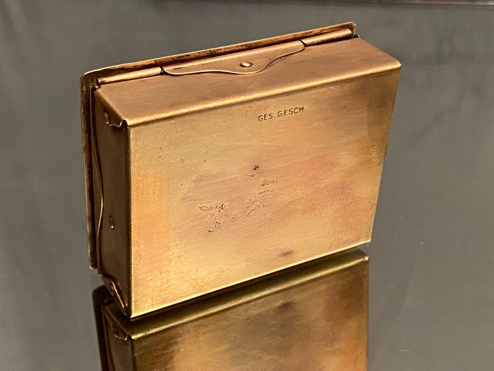 German compartmentalized stamp box early twentieth GHG Gesch holly leaf