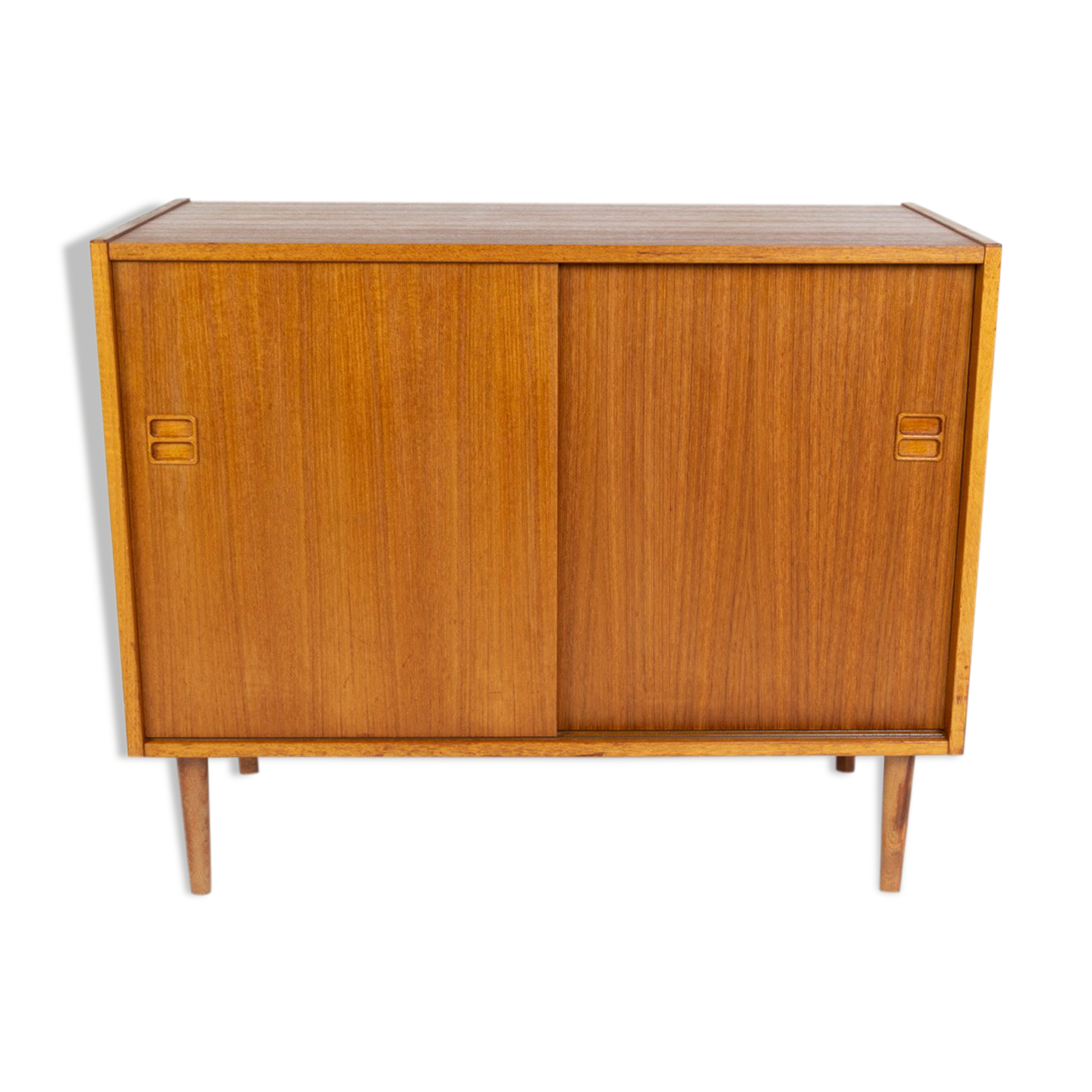 Teak slide door cabinet, made in Sweden, marked swan, 1960s