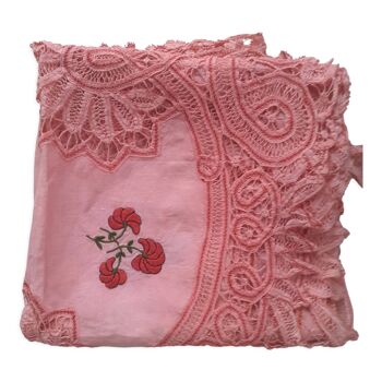 Square tablecloth lace and embroidery. Pink/ red.