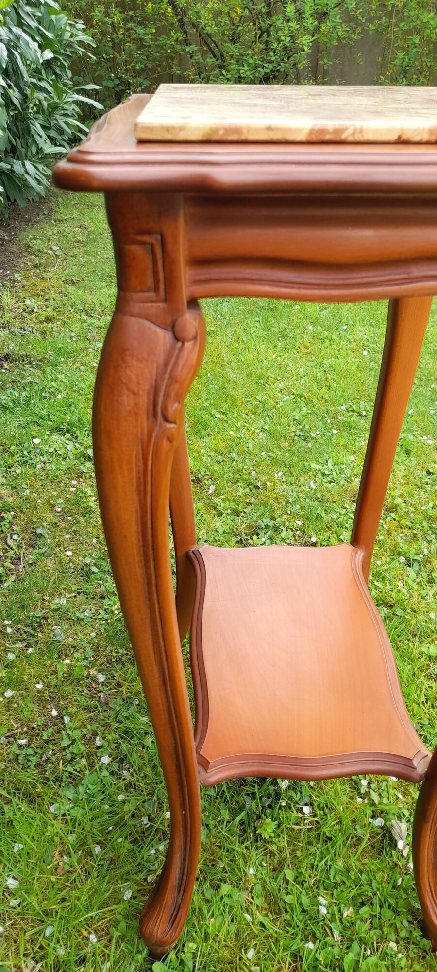 Louis XV style pedestal table/harness in solid cherry topped with marble