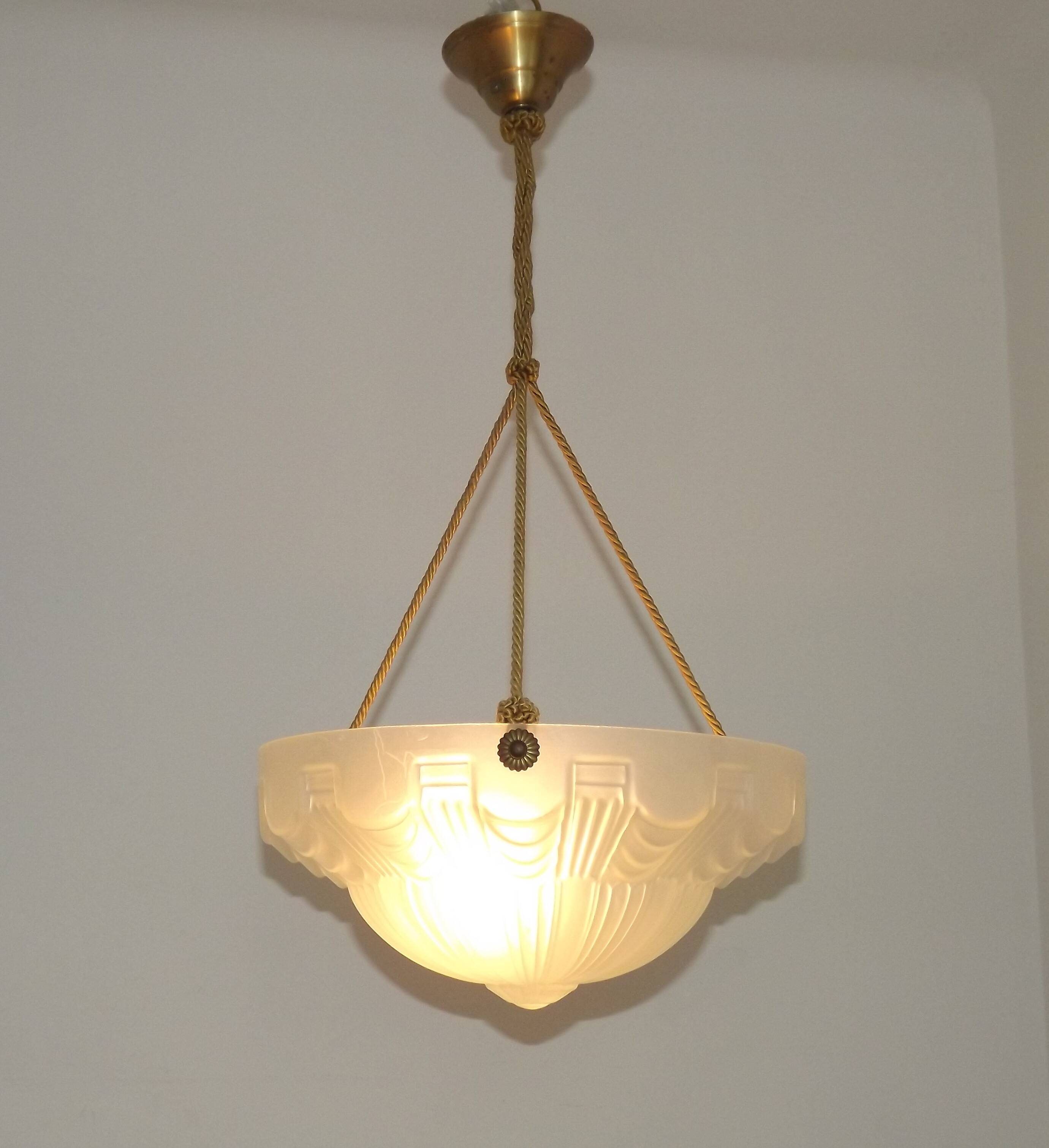 Vintage French 1930s Art Deco Gometric White Glass Ceiling Light